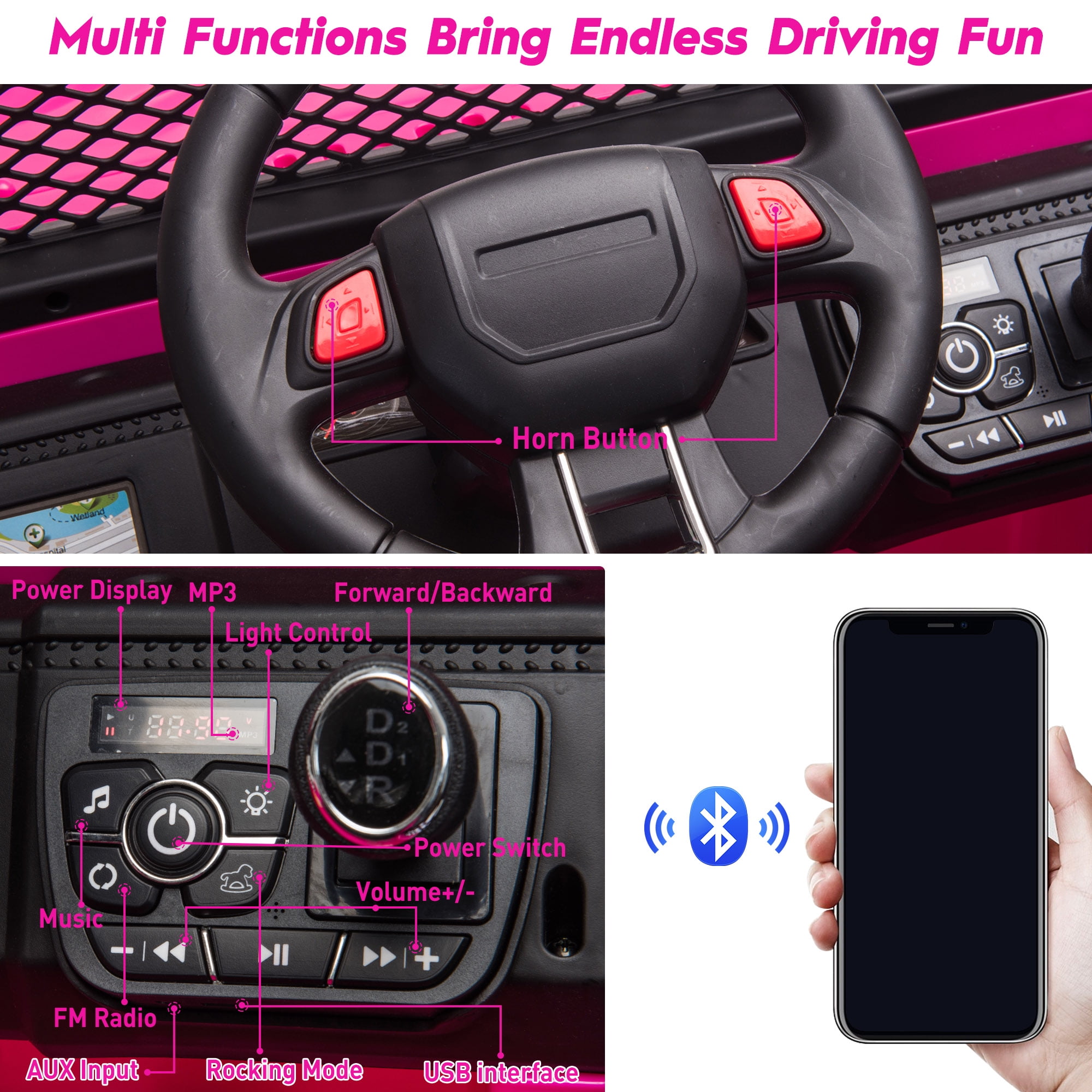 TOBBI 12V Kids Ride on Car, Jeep Car with Remote Control, LED Lights, Music, Horn, Bluetooth, Spring Suspension, Rocking, Rose Red