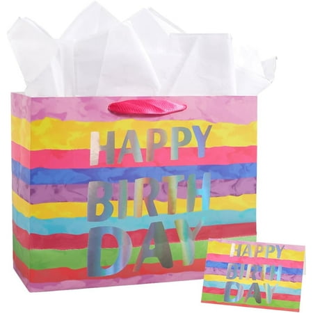 1 Set Rainbow Paper Gift Bags Ombre Present Bag 13x10.2x4.7in 1Pc Festival Card 3Pcs Tissue Paper Iridescent Tote with Handles Colorful Birthday Packet for Party Favors Wedding Anniversaries