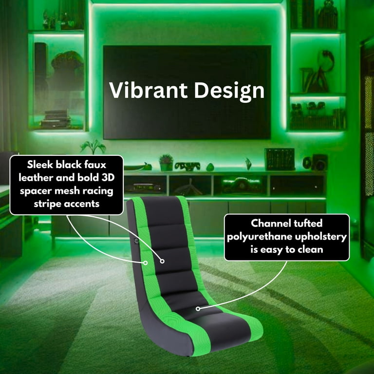 The Crew Furniture Classic Video Rocker Floor Gaming Chair Kids and Teens PU Faux Leather Polyester Mesh Black Green Walmart
