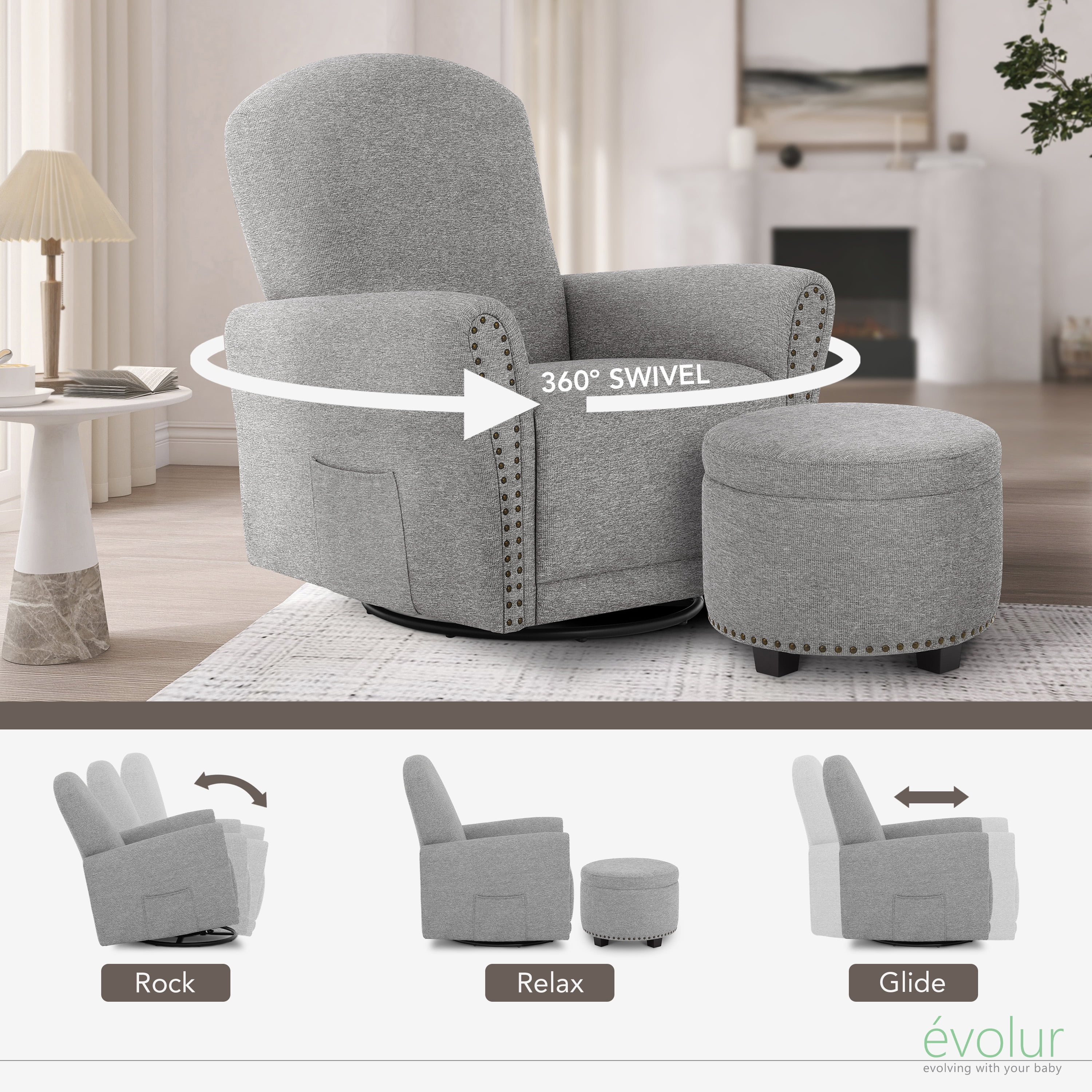 Evolur Vienna Swivel Glider with Ottoman and Nailhead Trim, Greenguard Gold Certified, Made from Sturdy and Sustainable FSC-Certified Wood, Grey