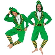 Slim Fit Leprechaun One Piece - Adult Plush St Patrick's Holiday Costume Jumpsuit by FUNZIEZ! (Green Unisex Slim, X-Large)
