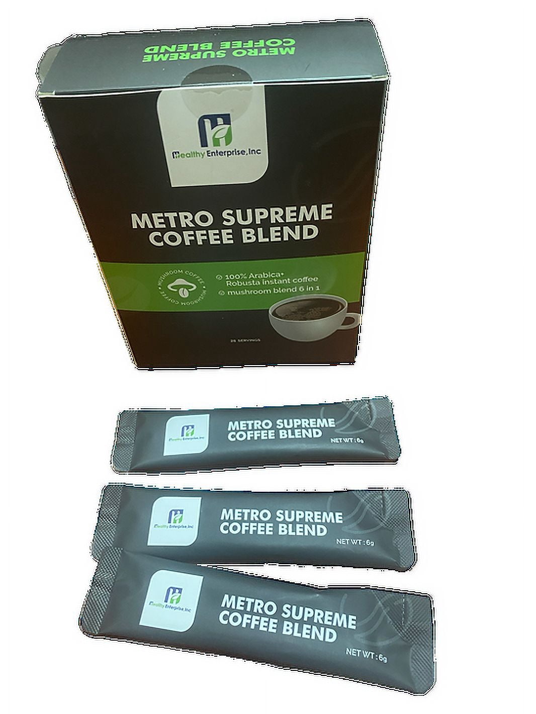 Healthy Enterprise, Inc. Supreme Blend Mushroom Coffee Naturally Caffeinated Medium-Dark Roast Roasted Flavor 25 Servings Box
