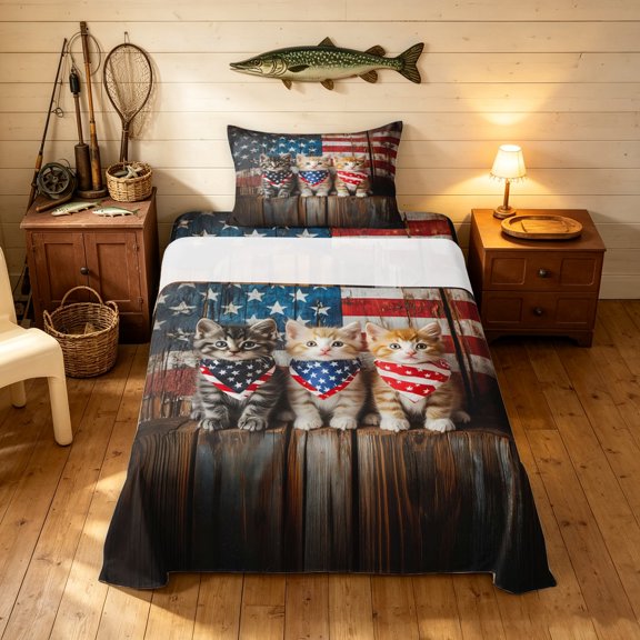 Manfei Rustic Kitten Twin Sheets, Patriotic US Flag Bedding, Brown, 3-Piece, 1 Flat Sheet, 1 Fitted Sheet and 1 Pillowcase