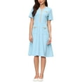 thumbnail image 2 of INSPIRE CHIC Women's Tweed Trim Dress with Pockets V Neck Short Sleeve A-Line Dress M Blue, 2 of 5