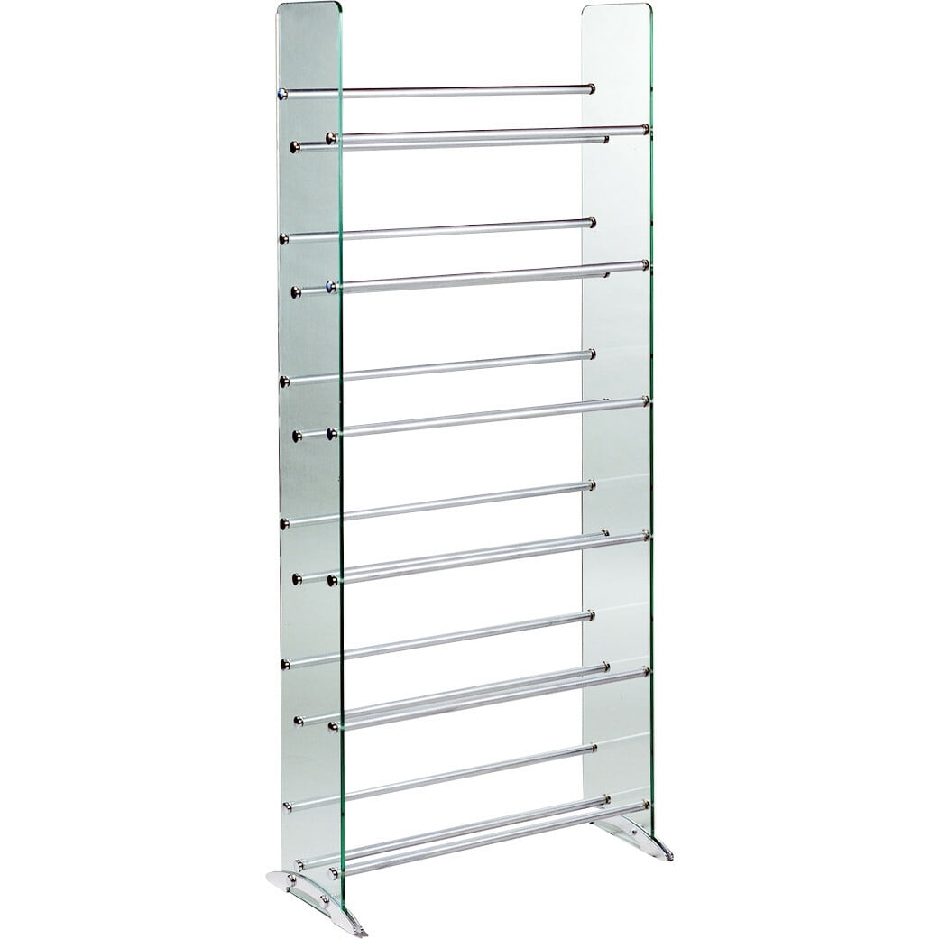 Clear glass CD/DVD rack, 6 shelves in brushed silver/chrome caps ...