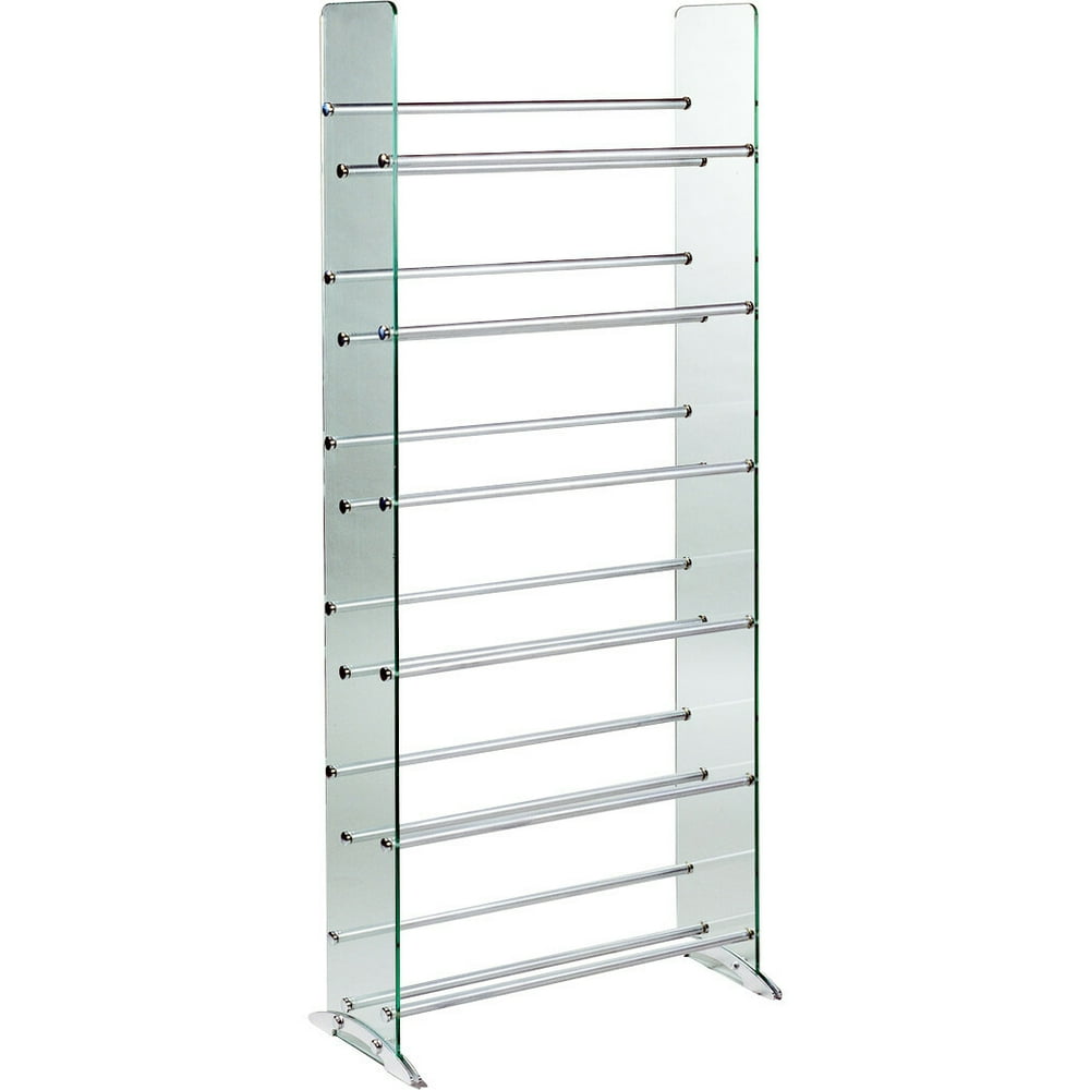 Clear glass CD/DVD rack, 6 shelves in brushed silver/chrome caps
