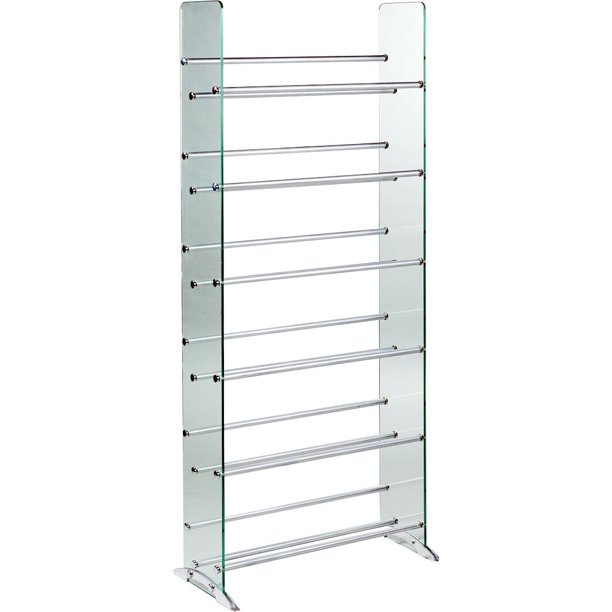 Clear glass CD/DVD rack, 6 shelves in brushed silver/chrome caps