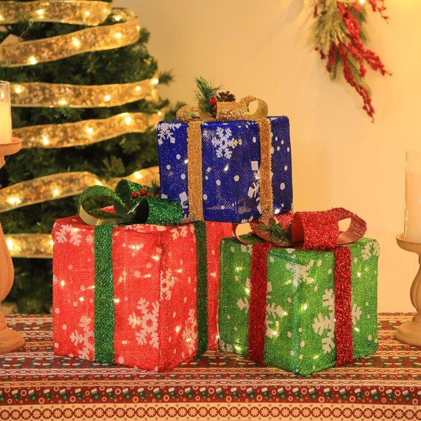 Zimtown 3 Juegos de Cajas de Regalo Iluminadas Decoraciones Navideñas Cajas de Regalo Navidad LED60 Luz para Decoración Interior y Exterior