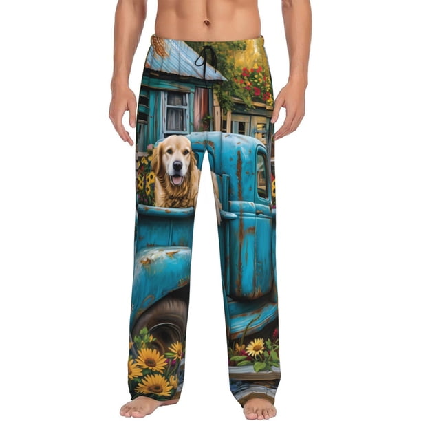 Balery Vintage Pickup Sunflower Dog Pantalones de pijama para hombre, pijama ultraligero, pantalón de descanso-3X-Large
