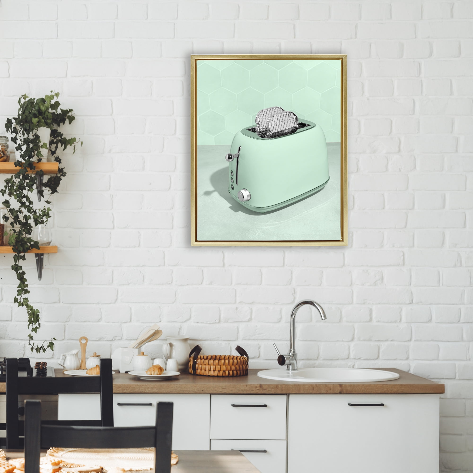 Stupell Industries Disco Toaster Over Green Gold Framed Floater Canvas Wall Art, design by LISH Creative