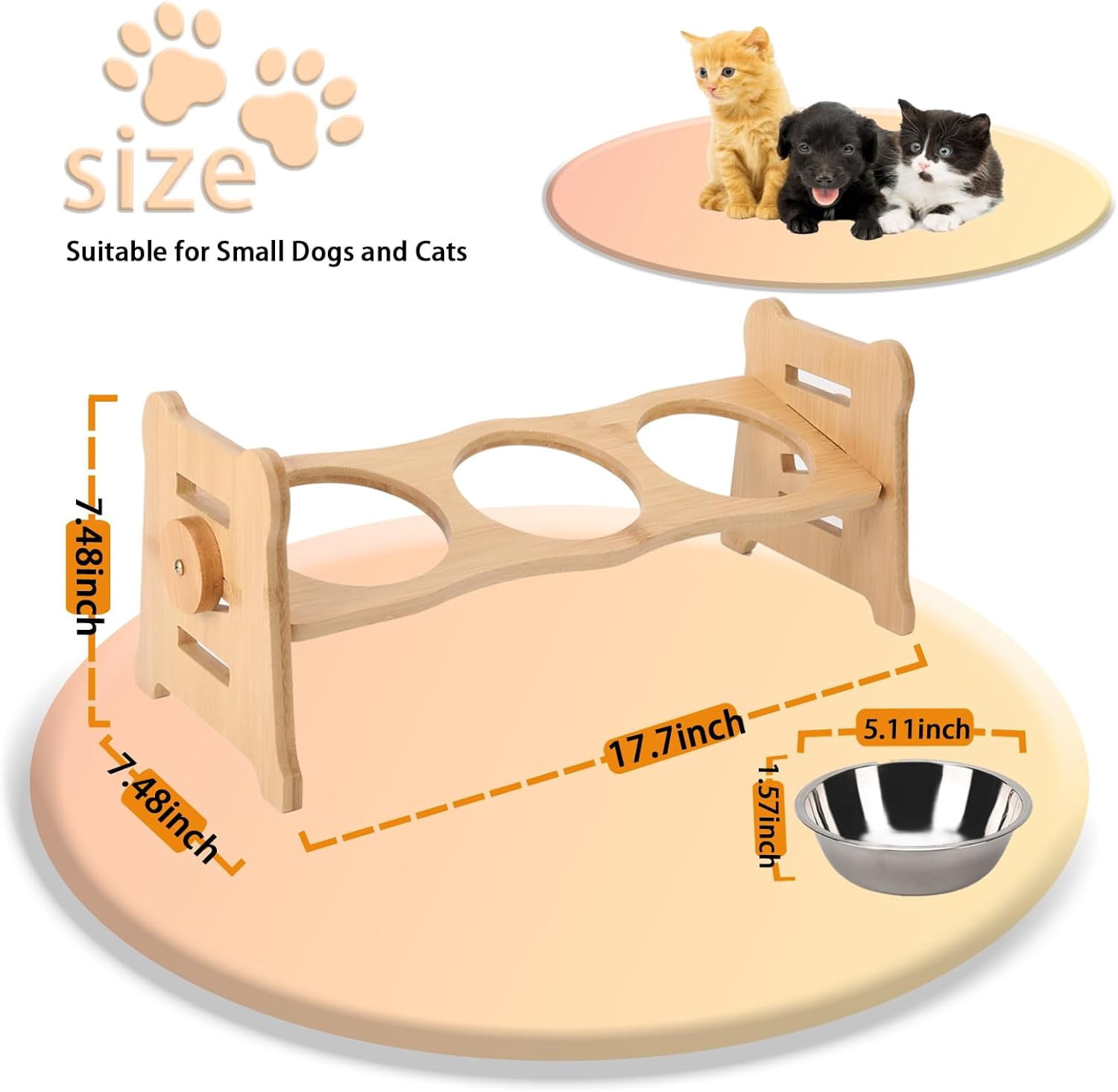 Elevated Pet Bowls for Cats & Small Dogs, Elevated and 15° Tilted Stainless Steel Elevated Cat Food Bowl with Bamboo Stand and Rubber Strip to Prevent Overflow for Indoor Cats and Pets