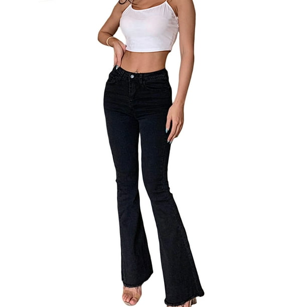 Boiiwant Women Flared Jeans High Waisted Solid Color Denim Pants