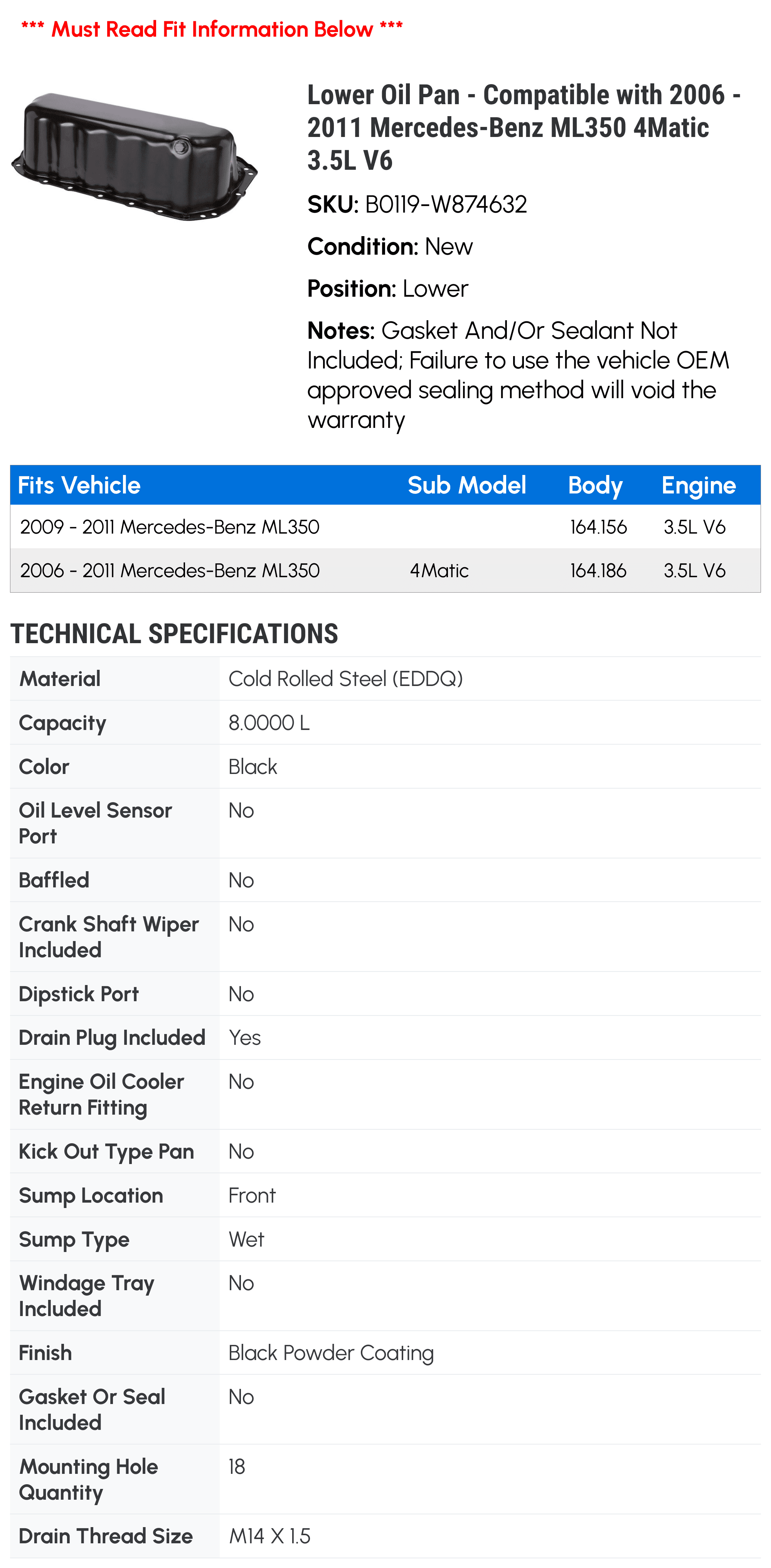 Lower Oil Pan - Compatible with 2006 - 2011 Mercedes-Benz ML350 4Matic 3.5L V6 - Spectra Premium