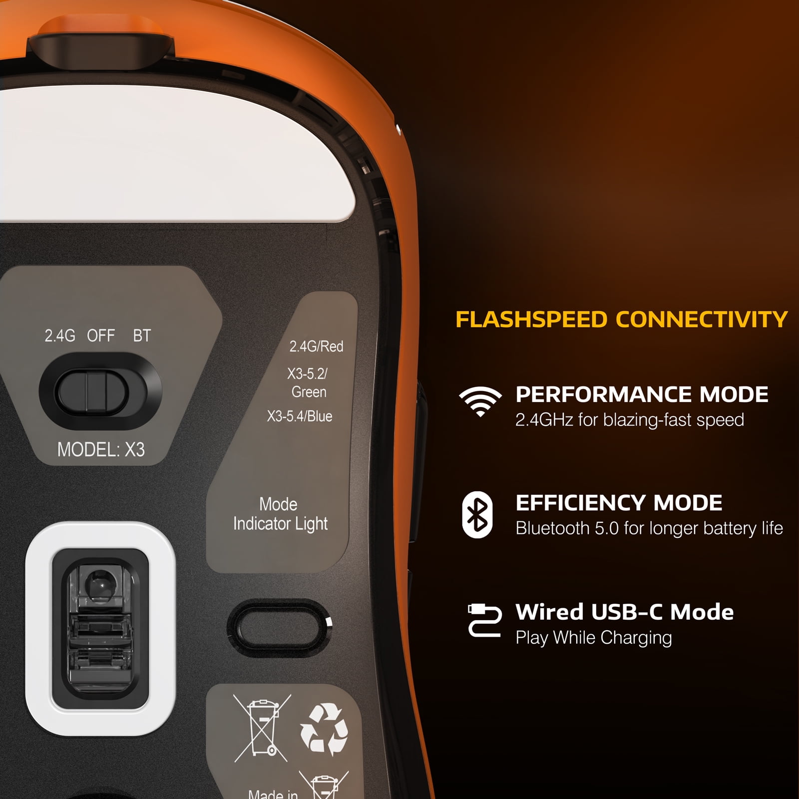 ATTACK SHARK X3 Wireless Gaming Mouse, 49g Ergonomic Design, Tri-Mode Bluetooth/2.4G/USB-C Wired, PAW3395 Optical Sensor, 26000 DPI, Programmable Buttons, for PC/Laptop/Mac, Orange