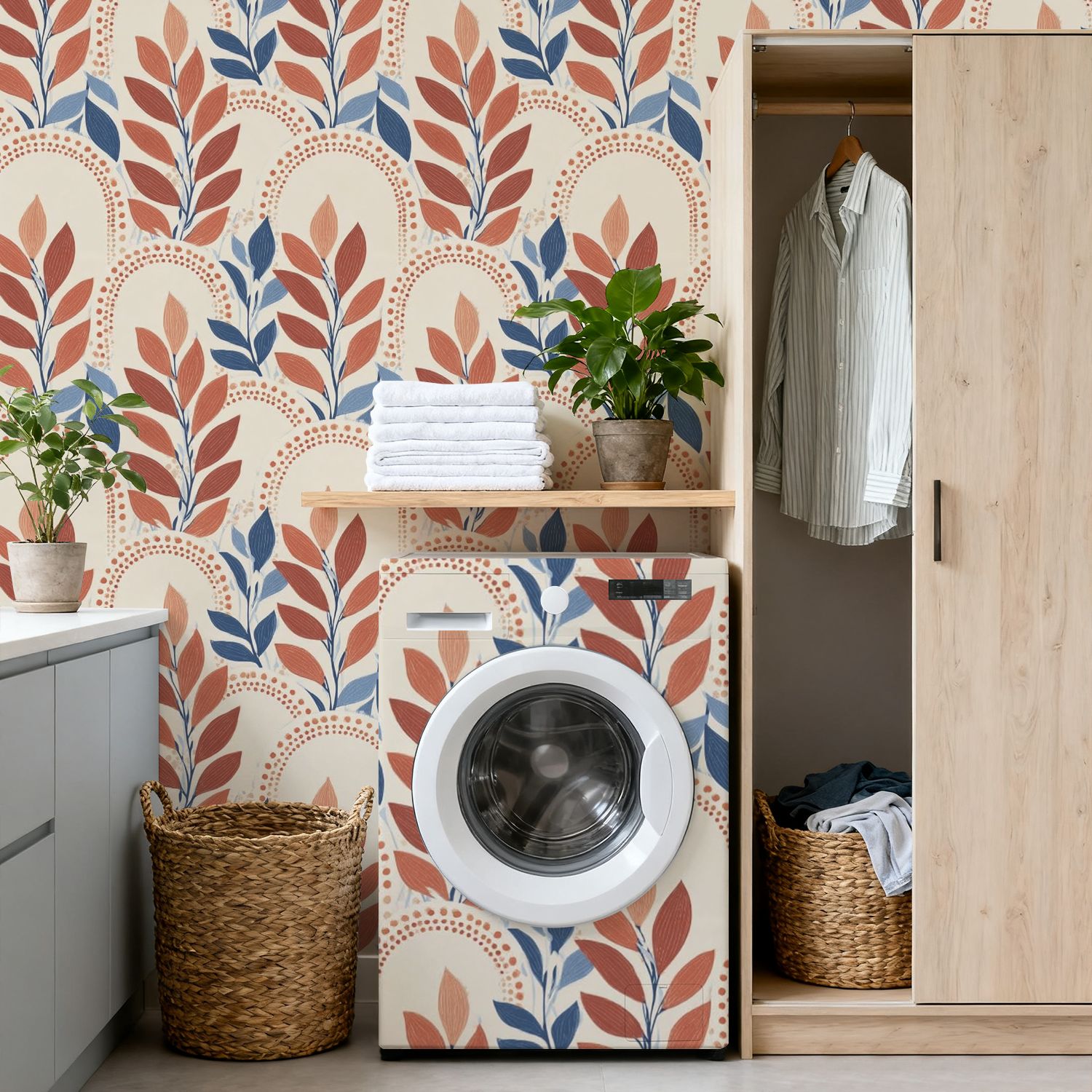 Peel and Stick Wallpaper 17.7in x 9.8ft Abstract Floral Terracotta Blue Leaves Beige Contact Paper Vinyl Self-Adhesive Removable Wall Paper for Bedroom Nursery Bathroom Renter Friendly