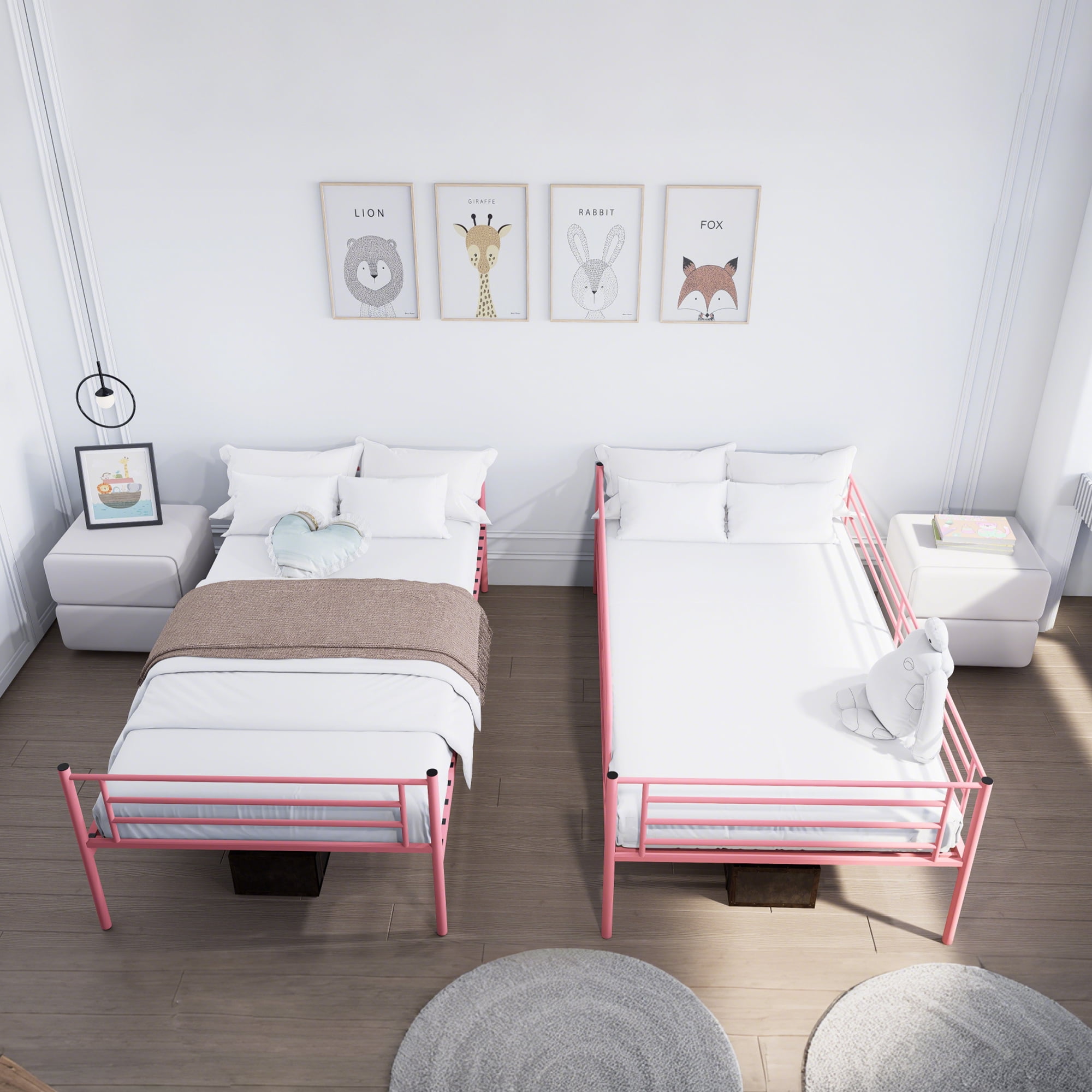 Leumius Twin over Twin Bunk Bed,Metal Bed Frame with Ladder and Guardrail,Noise Free,Easy Assemble,Able to Split 2 Bed,Pink