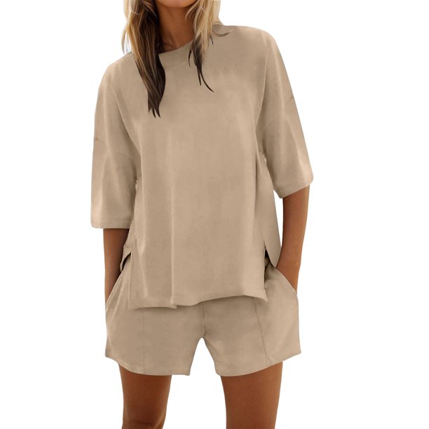 Conjunto de pantalones cortos y camiseta de manga media para mujer: conjunto de dos piezas oversize con cuello redondo para entrenar en verano