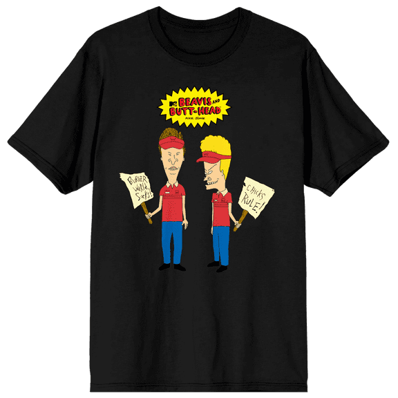 Beavis & Butthead Characters With Picket Signs Crew Neck Short Sleeve Women's Black T-shirt-Medium