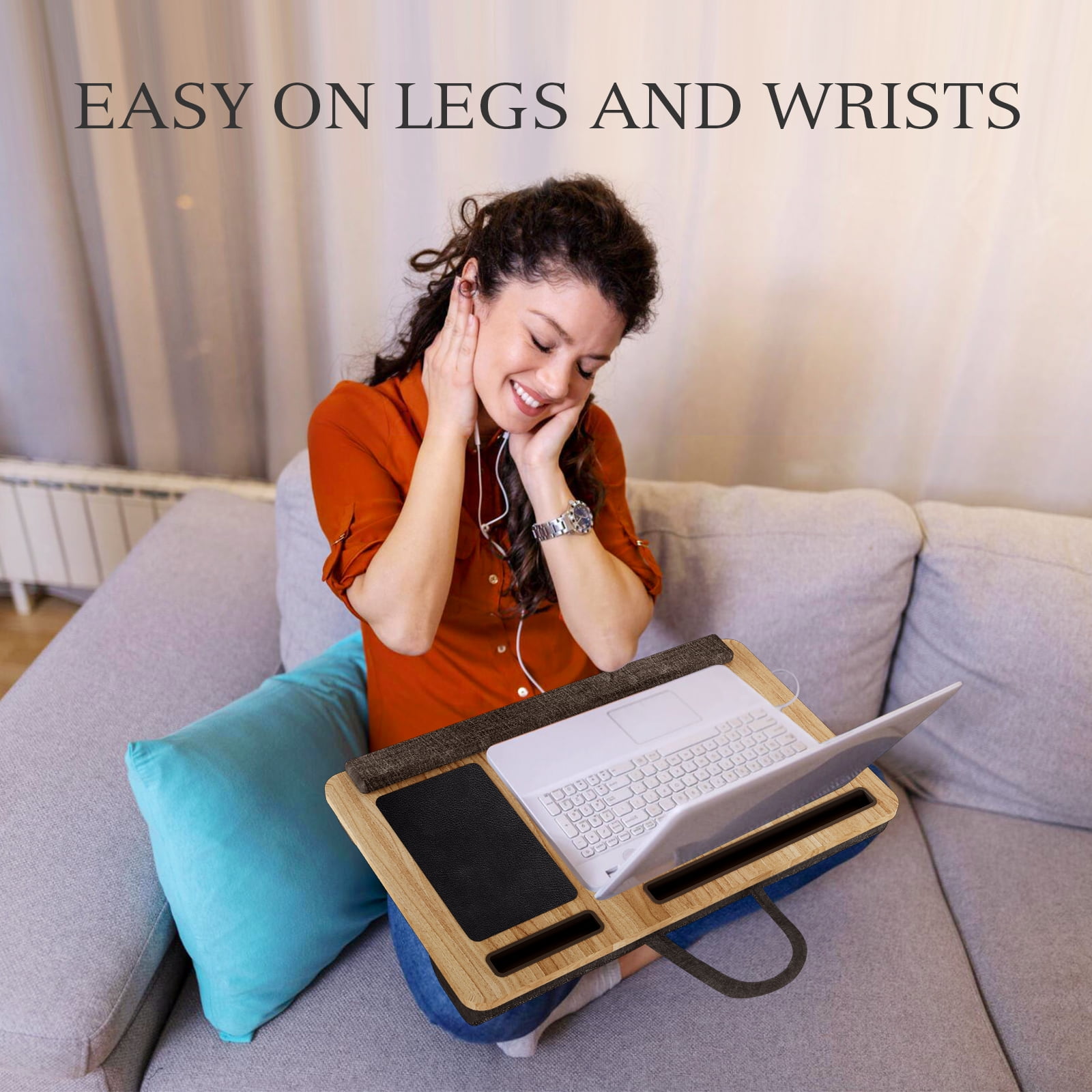 PHANCIR Portable Lap Desk for Laptop, Wood Lapdesk Bed Table with Handle Fits up to 15.6 inches Tray Table with Soft Pillow, Mouse Pad, Wrist Pad & iPad/Phone Slots, Laptop Stand 21.6 x 13.4in-Walnut