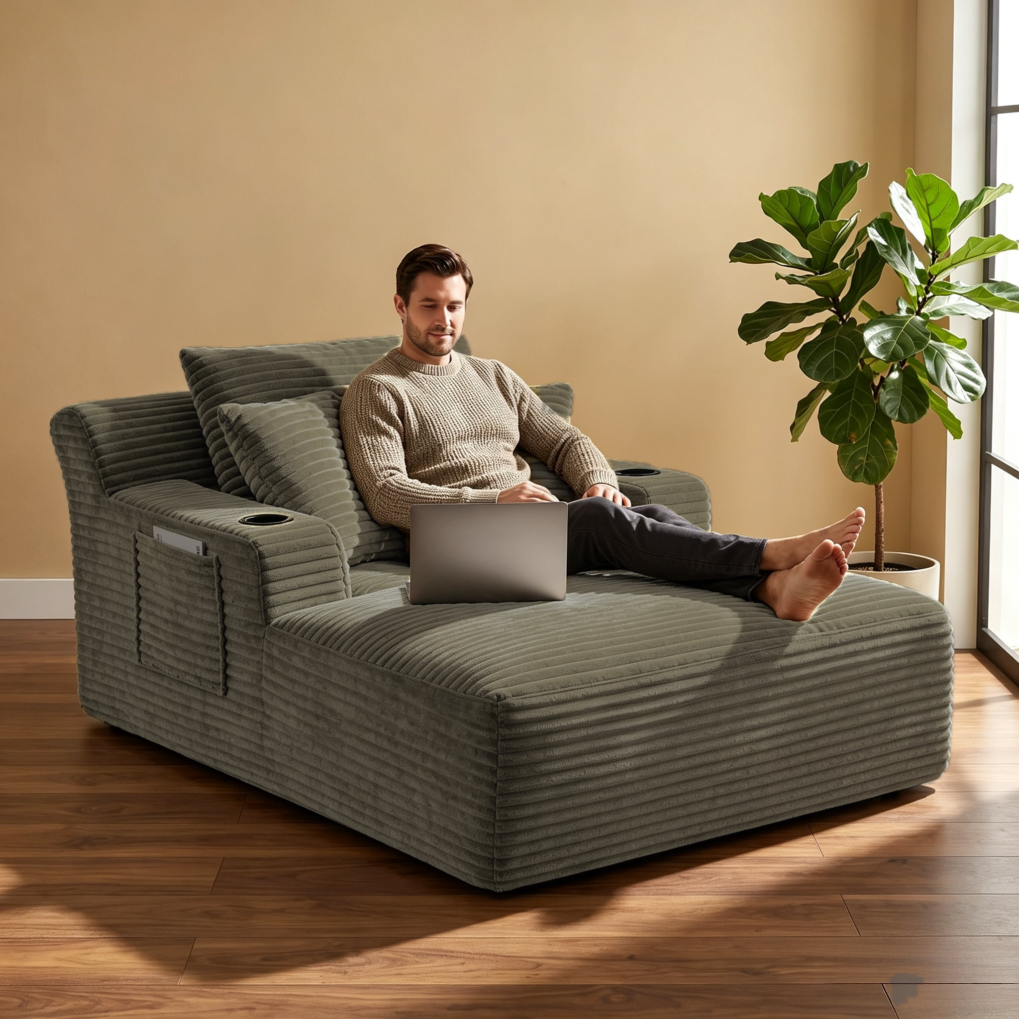 ShiKeyi 66'' Chaise Lounge Chair Indoor, Boneless Sofa Cloud, Plush Corduroy Chaise Couch with Cup Holders, Side Storage Pocket & Pillows, No Assembly Required, Brown