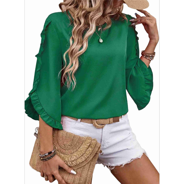 Top de Encaje con Cuello Redondo y Mangas Cuartos Irregulares, Verde Talla S