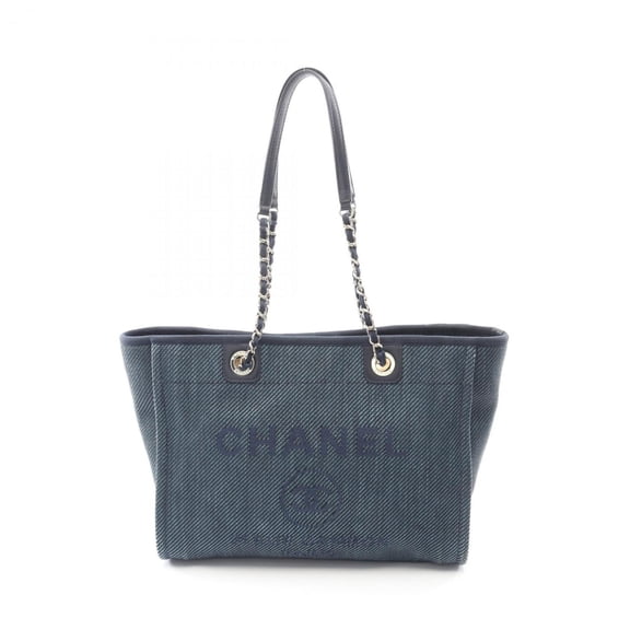 Pre-Owned CHANEL Deauville Tote Bag, Leather and Straw, Women's, Blue Navy
