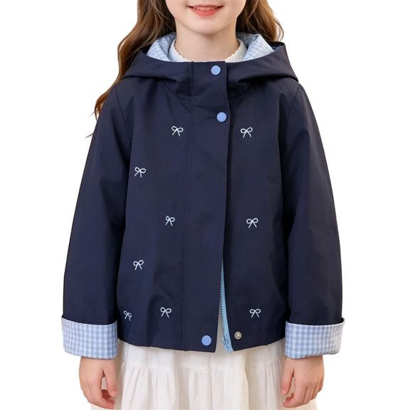 Teen Girls Jacket Lightweight Hooded Windbreaker Kids Water-Resistant Light Rain Jacket Bow Embroidery Lapel Hooded Outerwear
