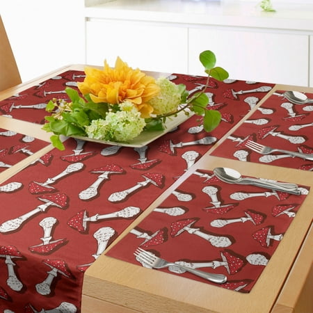 

Mushroom Table Runner & Placemats Autumn Pattern with Amanita Muscaria Psychedelic Food Forest Woodland Set for Dining Table Placemat 4 pcs + Runner 14 x90 Burnt Sienna Red White by Ambesonne