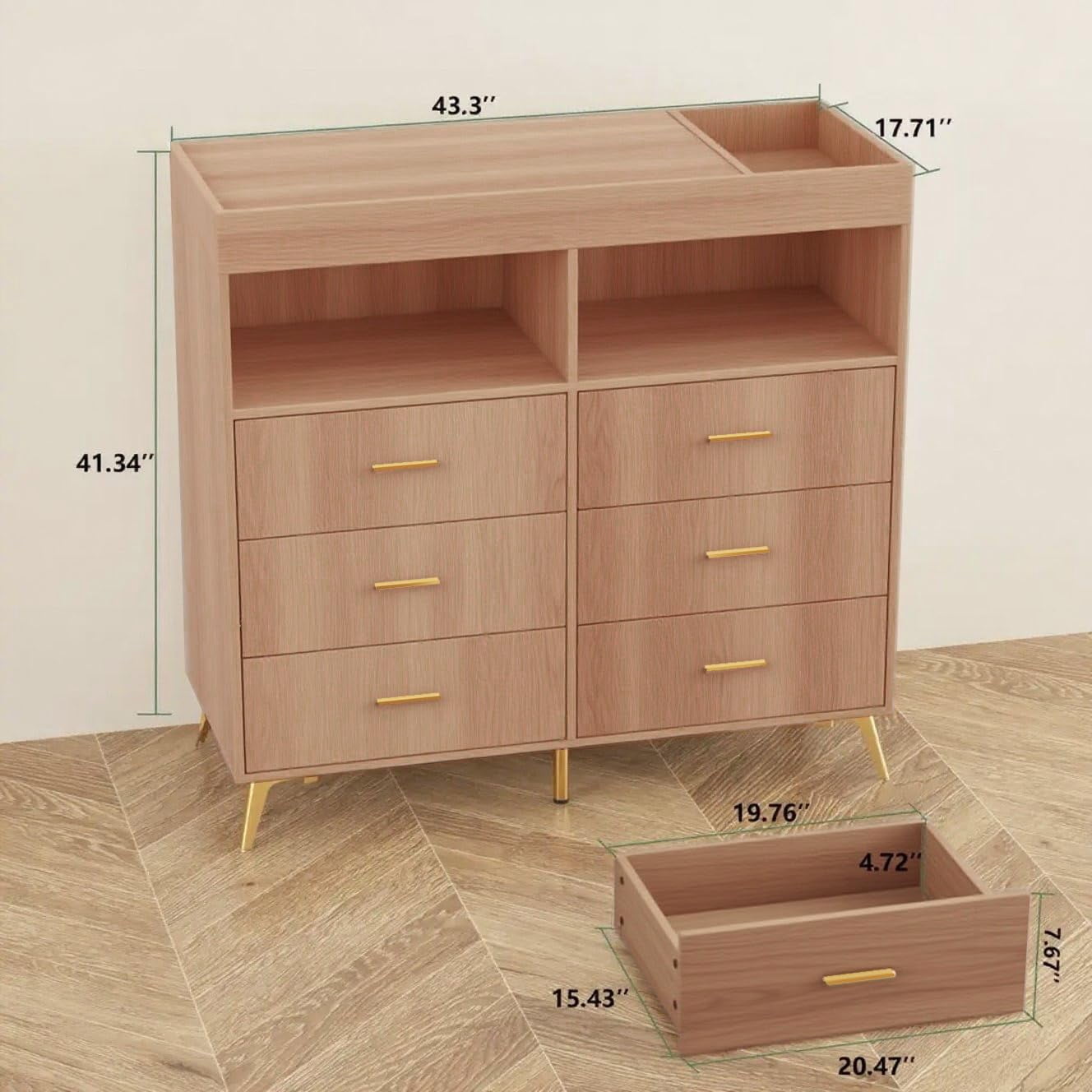 Dresser for Bedroom with 6 Drawers, Multi-Functional Nursery Dresser with LED Lights & Charging Station,Baby Changing Table Table with Diaper Changing Station