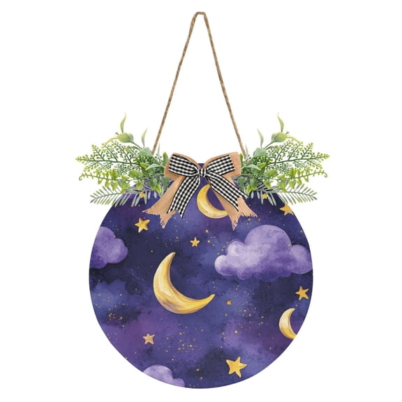 Night Sky with Moons and Stars Front Door Porch Decoration Hanging Sign with Artificial Green Plants and Bow for Home Outdoor Indoor