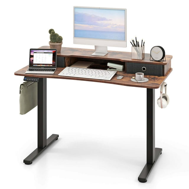 Costway Bureau Debout Électrique 48 Pouces x 24 Pouces avec 2 Tiroirs, Support d'Écran, Tablette de Rangement, Brun