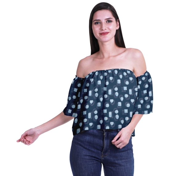 Moomaya Womens Printed Off The Shoulder Crop Top Flounce Sleeve Summer Clothing Boho Blouse