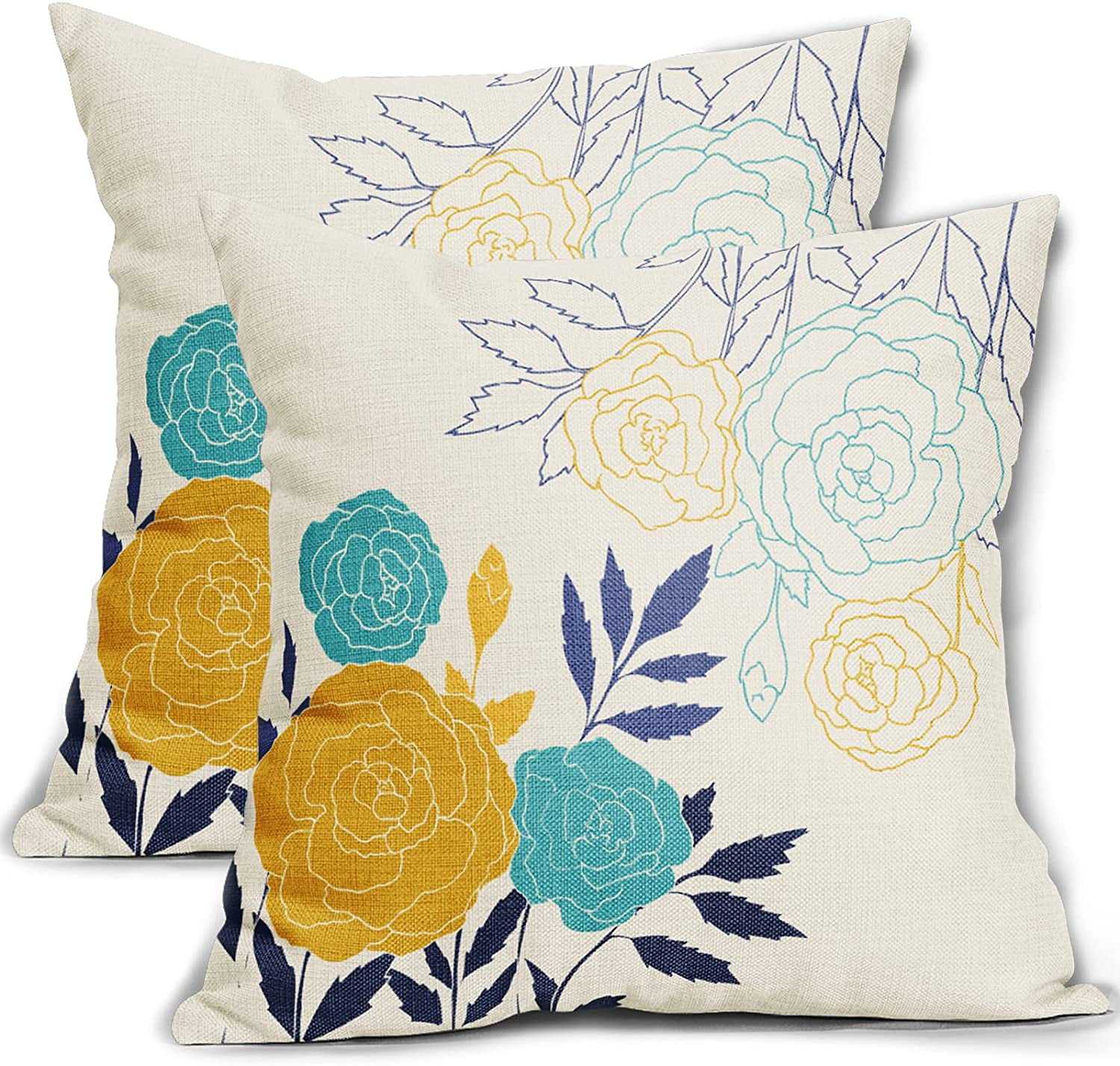 PACK of 2 Throw Pillow Covers Case 18x18 Inches Blue Flower 