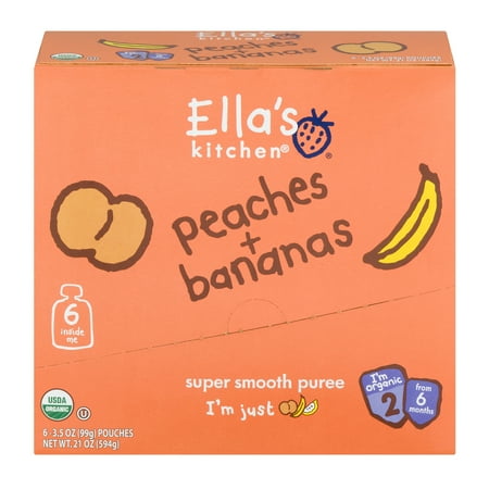 Ella's Kitchen Organic Baby Food Peaches + Bananas Super Smooth Puree Organic, 6 Pack