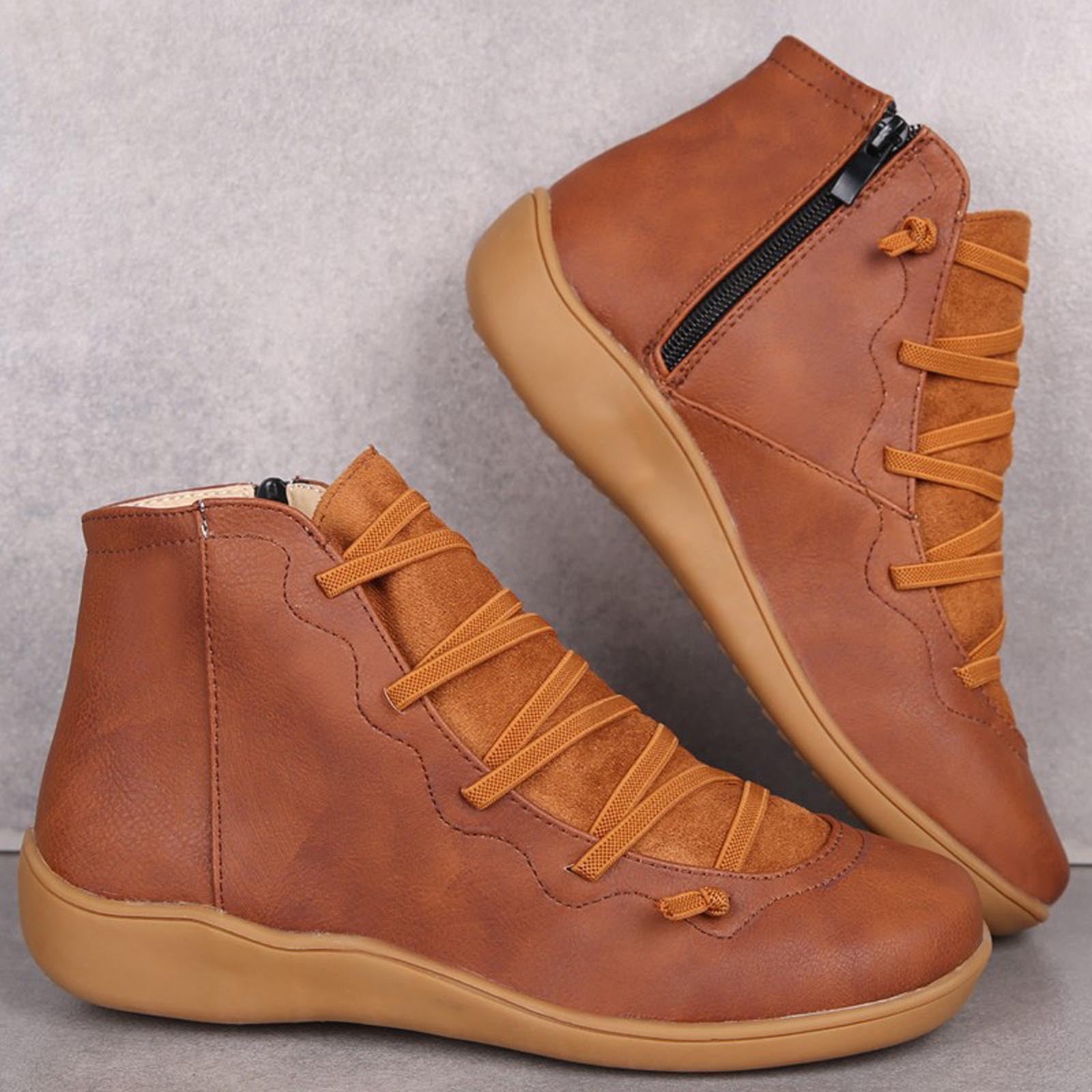 Summer Saving Clearance AXXD Women's Vintage Lace Side Zip Round Toe Flat Boots Womens Fall Boots Clearance Brown Size 40(US:7.5)