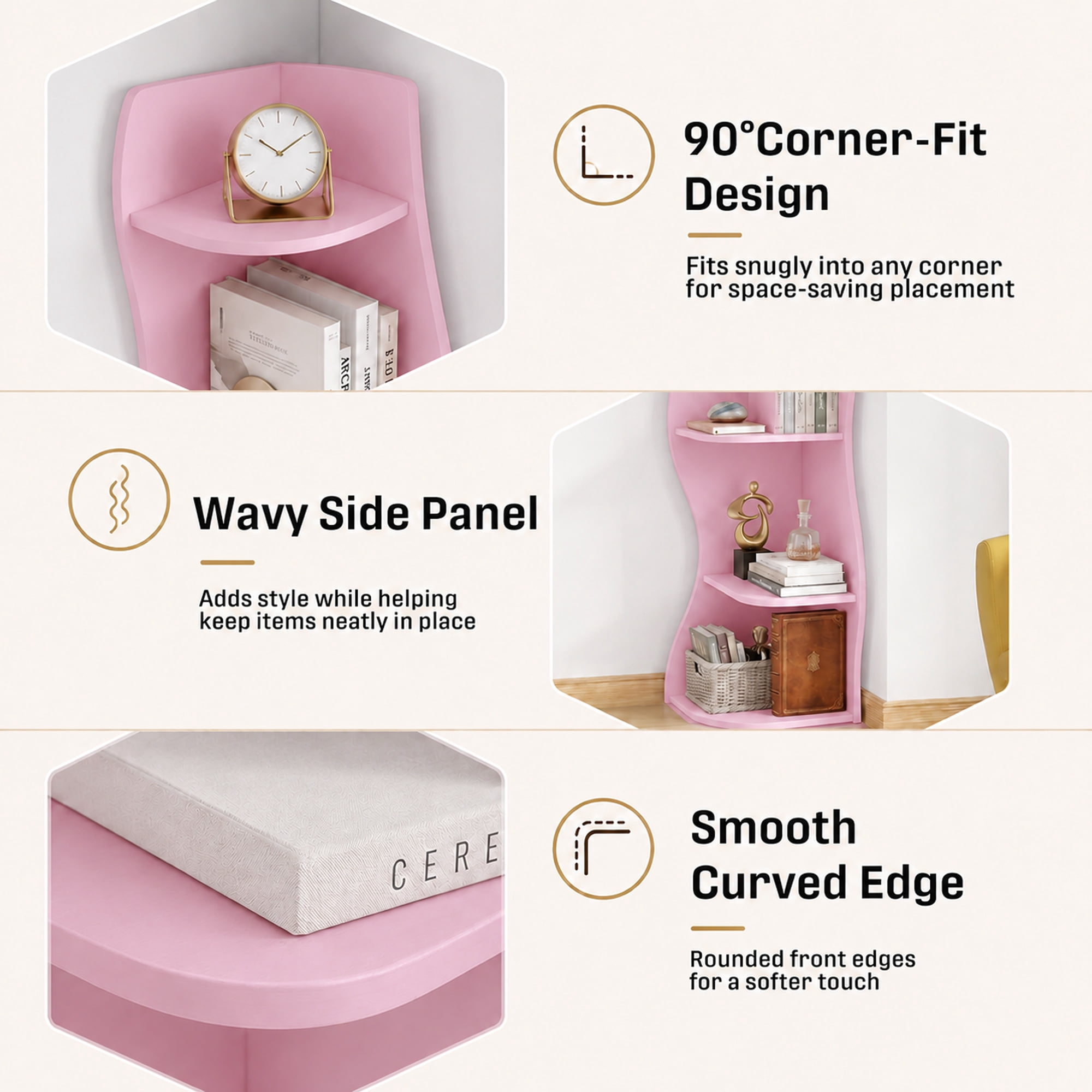 Leumius 5-Tier Bookshelf,Freestanding S-Shaped Corner Shelf Curved Display Rack,Space-Saving Corner Display Bookshelf/Plant Stand for Living Room Home Office,Pink