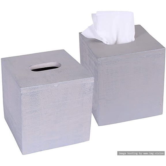 Luxe Designs Rustic Wood Tissue Box Cover with Slide-Out Bottom Panel - Decorative Mango Wood Tissue Box Holder for Bathroom, Car, or Office Desk - 5.7 x 5.7 x 6.5 Inches, Distressed Gray (Set of 2)