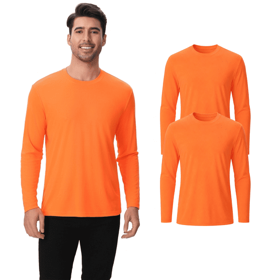 Zfeel Men's Dry Fit Hi Vis Safety Neon Orange Long Sleeve Poly Shirt, Moisture Wicking, 2 Pack, S