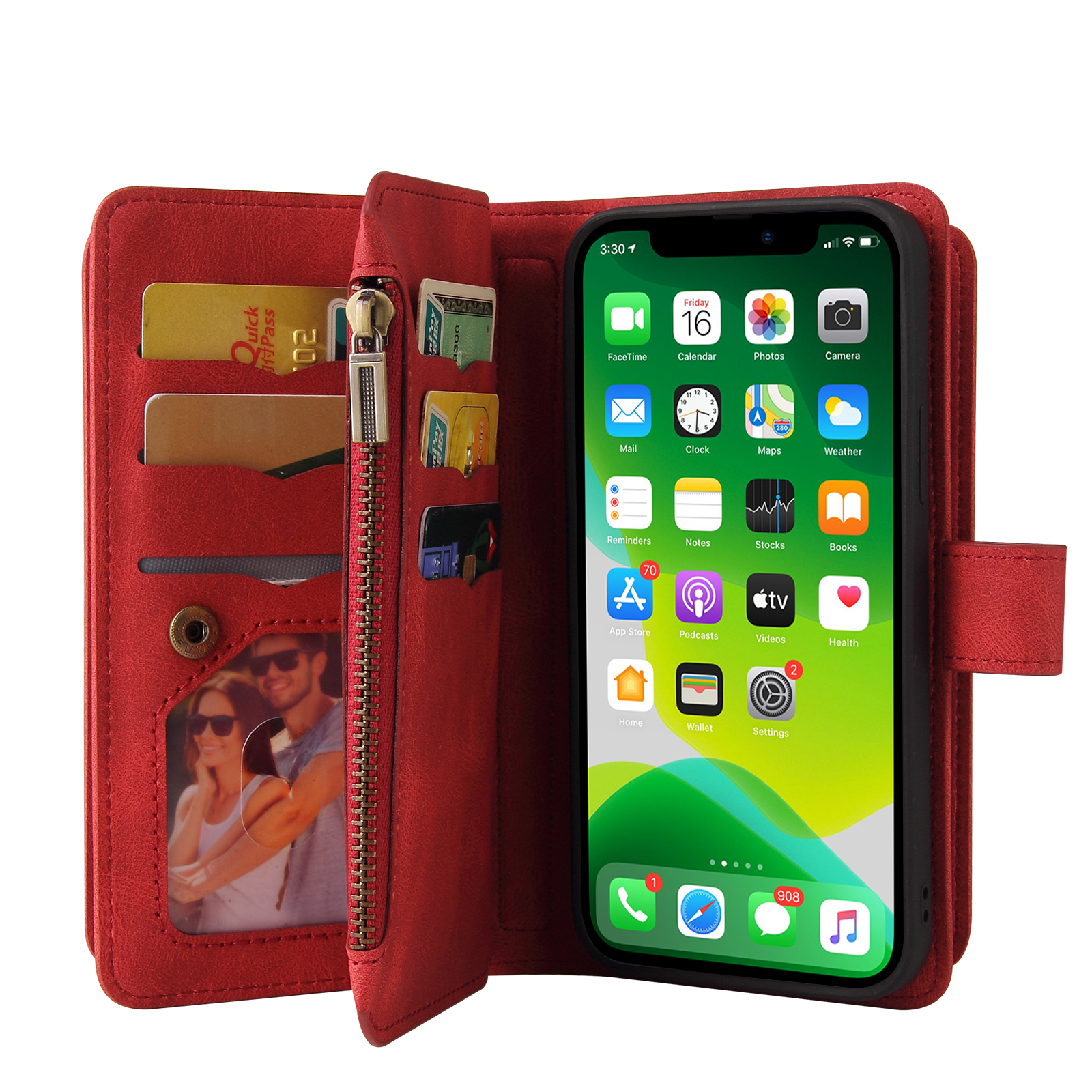 Wallet Case for iPhone 13, Magnetic Zipper Pouch Premium PU Leather with Kickstand Wallet Flip Shockproof Phone Case Wrist Strap Card Slots Holder Pocket iPhone 13,
Red