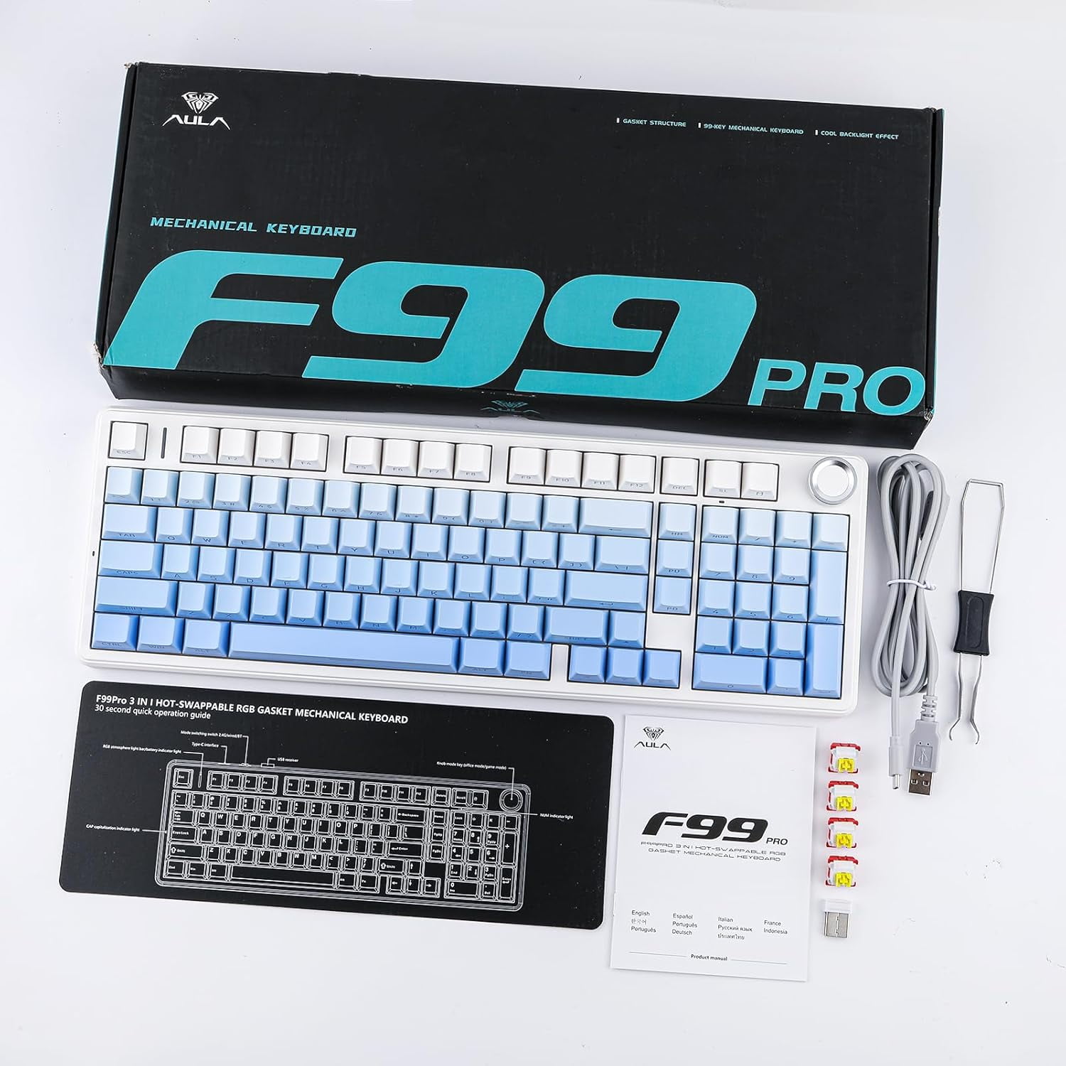AULA F99 Pro, 99-Key, Wireless, Hot Swappable, Mechanical Gaming Keyboard, RGB, 5-Layer Padding, 8000 mAh Battery, Knob