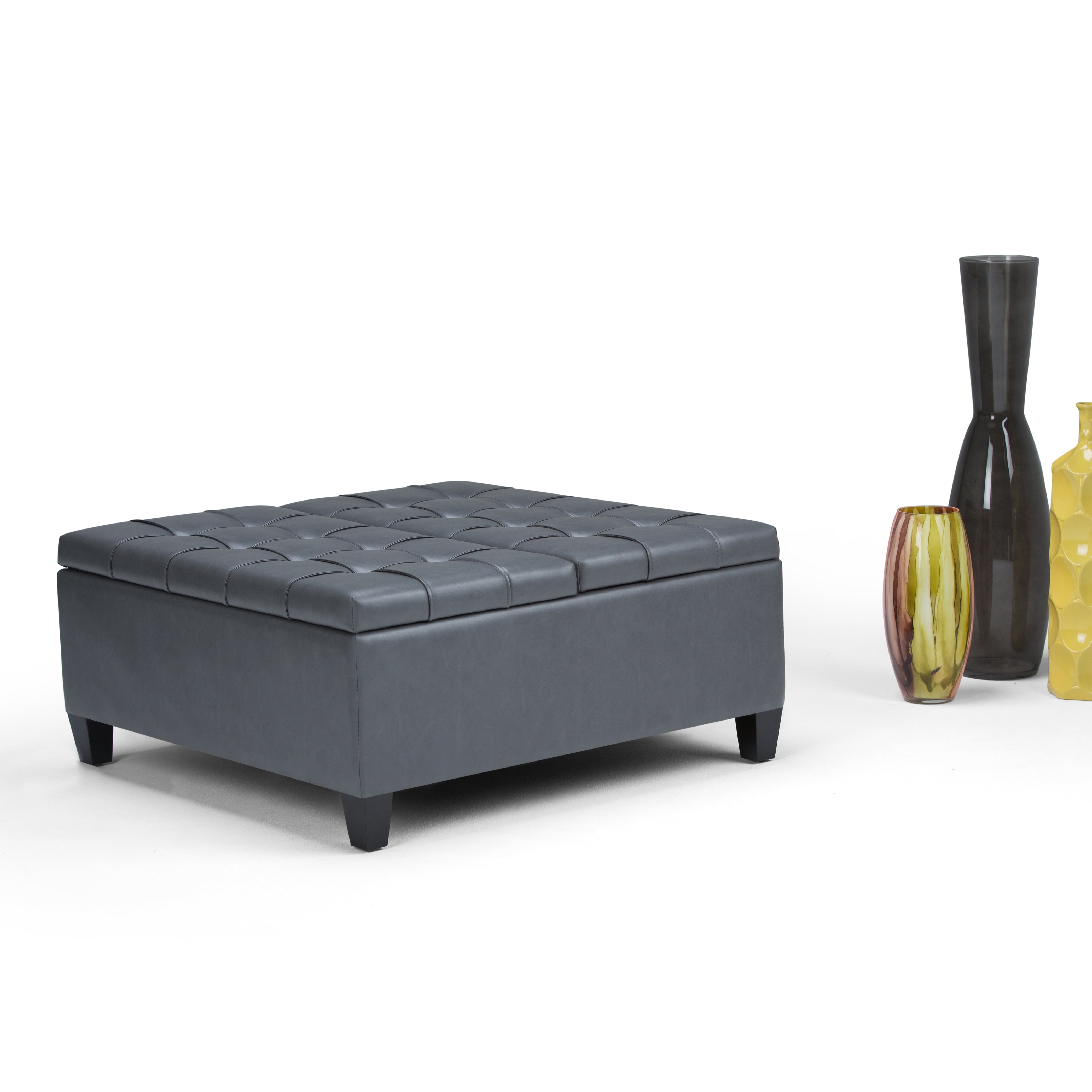 Simpli Home Harrison 36 inch Wide Transitional Coffee Table Storage Ottoman in Stone Grey Vegan Leather