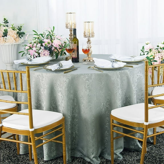 Wedding Linens Inc. 108" Seamless Round Jacquard Damask Polyester Tablecloths - Silver