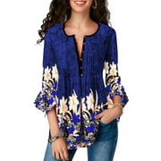 S-5XL Plus Size Blouses Women 3/4 Ruffle Sleeve Casual Tops Shirts Floral Print Button Down T-Shirt Slim Fit Shirt
