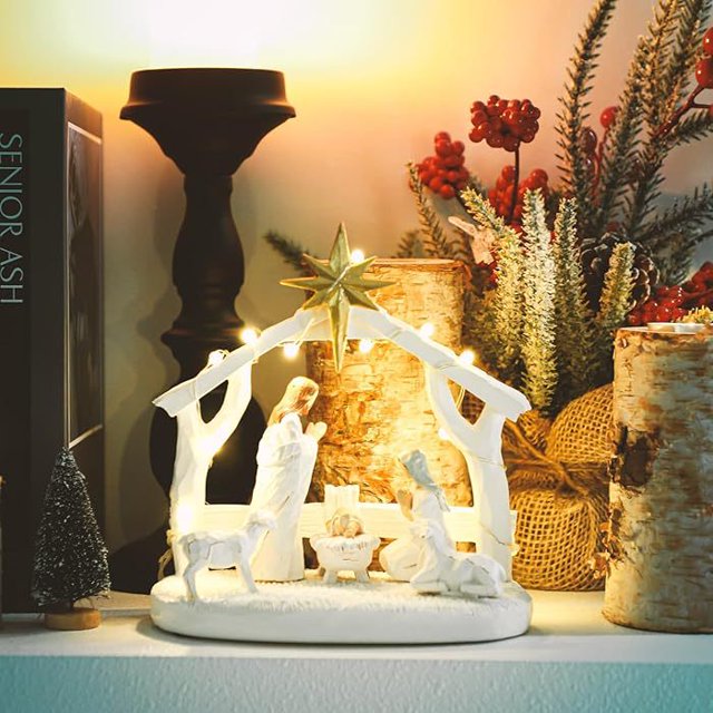Belén Interior Decoración Navideña Interior con Luces LED Decoración de Mesa Navideña Memoria (Pesebre de Figuras)