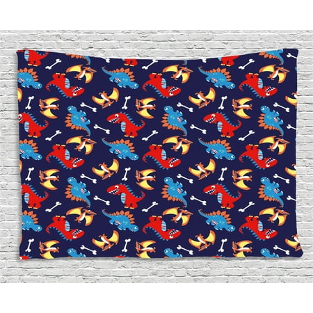 - Dinosaur Tapestry, Three Different Cartoon Dinosaurs Funny Expressions and Bones Kids Theme, Wall Hanging for Bedroom Living Room Dorm Decor, 60W X 40L Inches, Navy Blue Orange Red, by Ambesonne