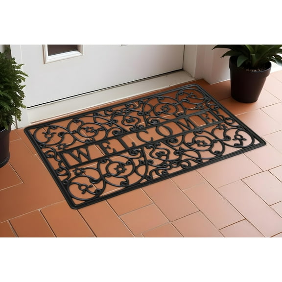 HomeRoots 555265 18 x 30 in. Black Rubber Scrollwork Welcome Outdoor Door Mat