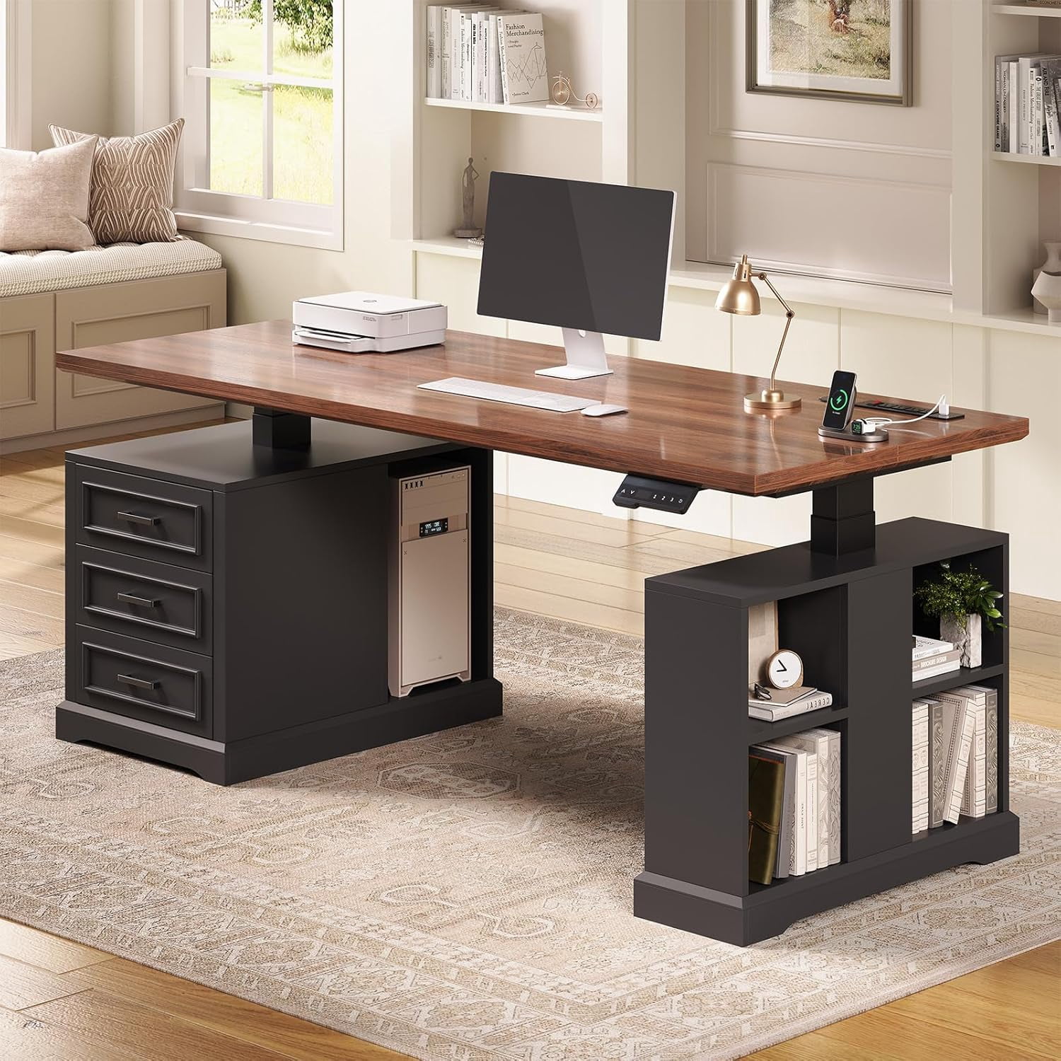 Electric Standing Desk with 3 Wood Drawers, Farmhouse Computer Desk with Power Outlets & Open Shelves, 63" Height Adjustable Home Office Desk, Stand Up Desk with Spacious Desktop & Storage, Black