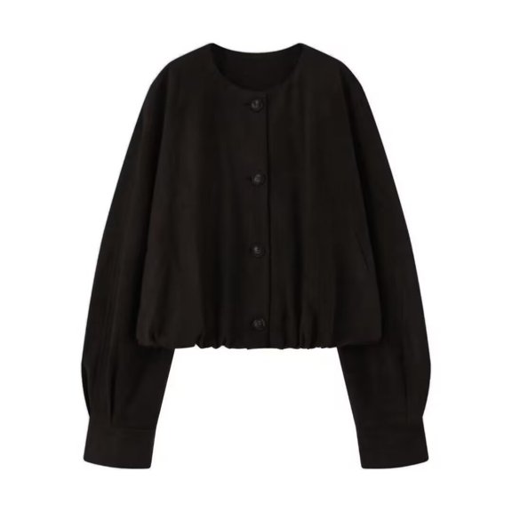 Women's Faux Suede Button Jacket Oversized Gathered Hem Short Coat Casual Loose Cropped Leather Outerwear New Black L