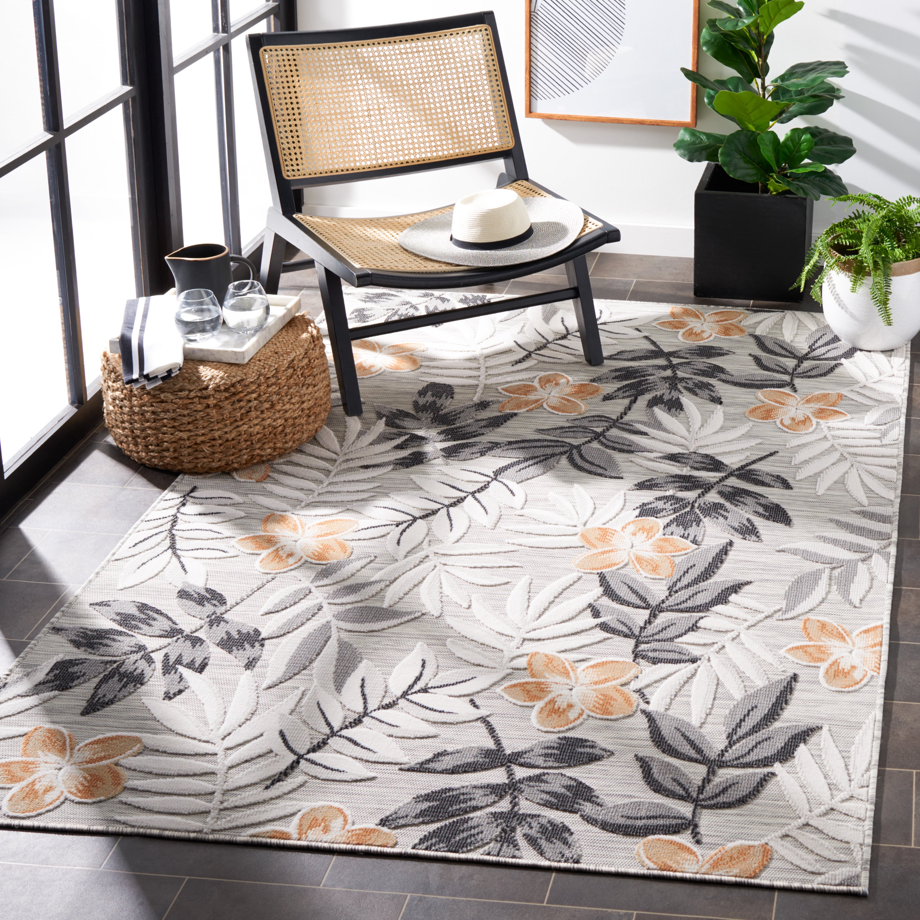 SAFAVIEH Cabana Blazhe Botanical Indoor/Outdoor Area Rug, Grey/Ivory, 5'1" x 7'6"