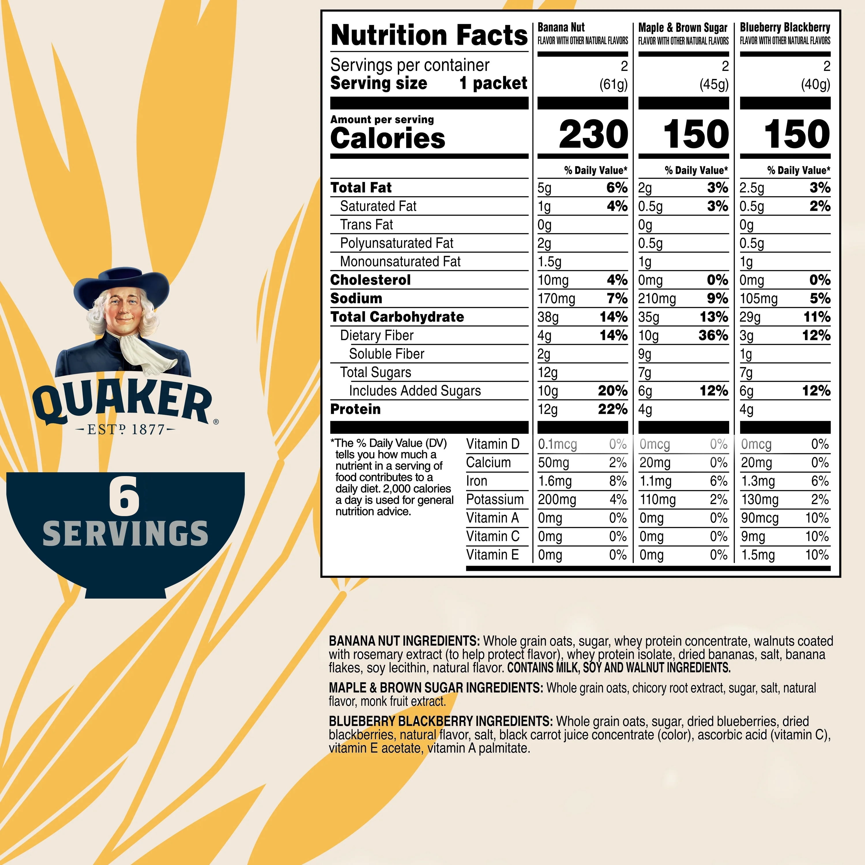 (6 pack) Quaker Essentials Instant Oatmeal, Variety Pack, Good Source of Vitamins, Protein and Fiber, 10.3 Ounce